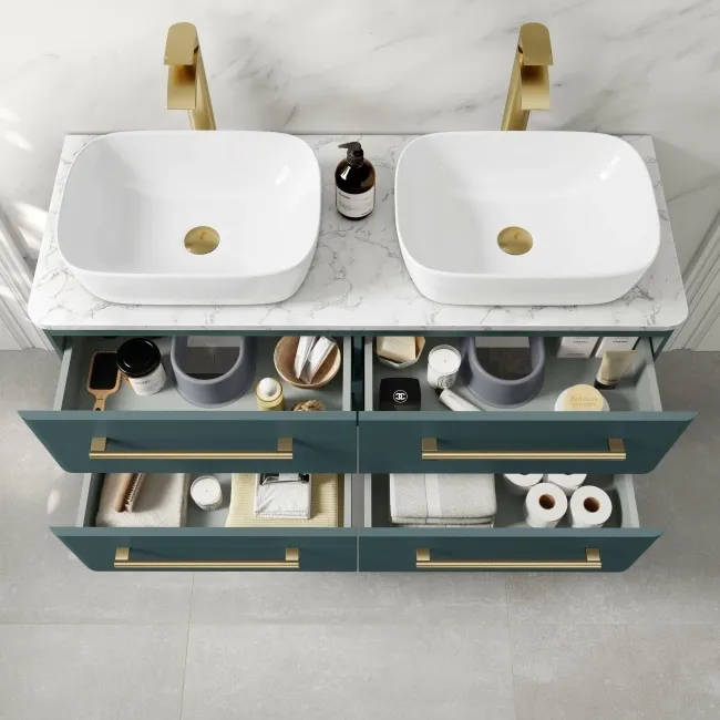 Omaha Mystic Green Wall Hung Drawer Vanity with Marble Top & Curved Counter Top Basin 1200mm - Brushed Brass Accents