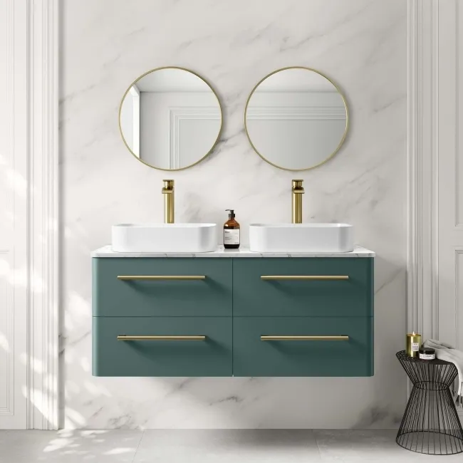 Omaha Mystic Green Wall Hung Drawer Vanity with Marble Top & Marin Basin 1200mm - Brushed Brass Accents