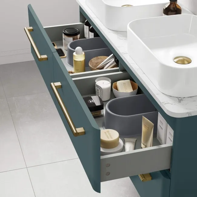Omaha Mystic Green Wall Hung Drawer Vanity with Marble Top & Marin Basin 1200mm - Brushed Brass Accents