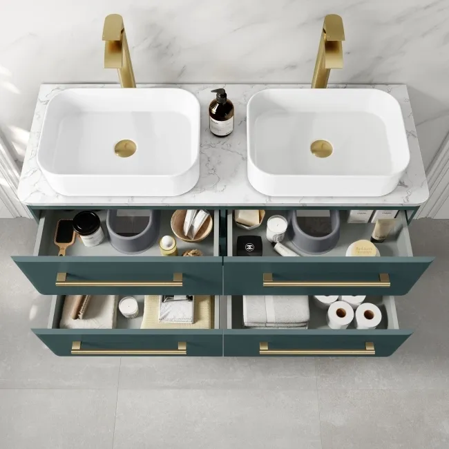 Omaha Mystic Green Wall Hung Drawer Vanity with Marble Top & Marin Basin 1200mm - Brushed Brass Accents