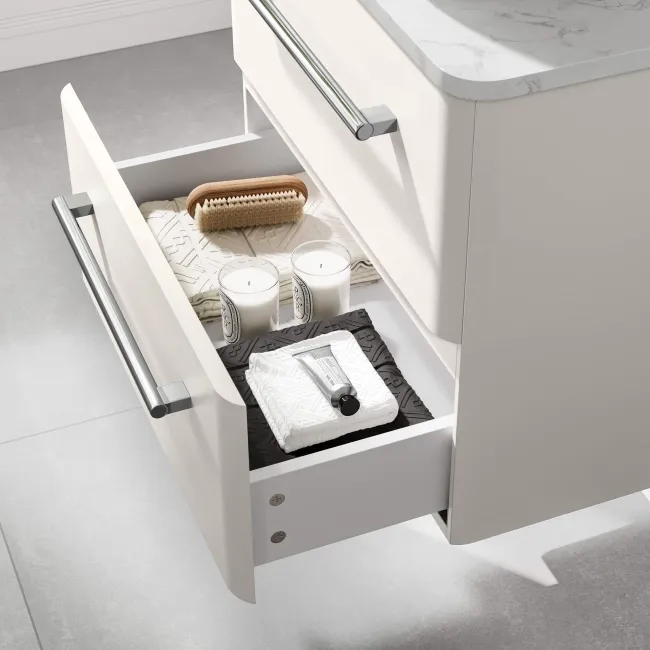 Omaha Linen White Wall Hung Drawer Vanity with Marble Top & Curved Counter Top Basin 600mm