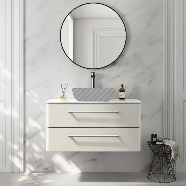 Omaha Linen White Wall Hung Drawer Vanity with Marble Top 1000mm - Excludes Counter Top Basin