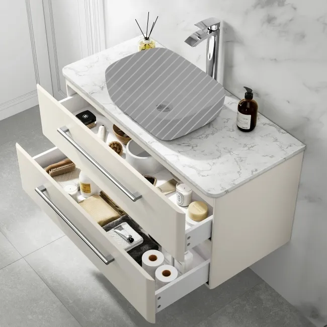 Omaha Linen White Wall Hung Drawer Vanity with Marble Top 1000mm - Excludes Counter Top Basin