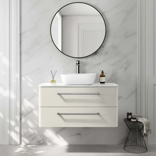 Omaha Linen White Wall Hung Drawer Vanity with Marble Top & Curved Counter Top Basin 1000mm