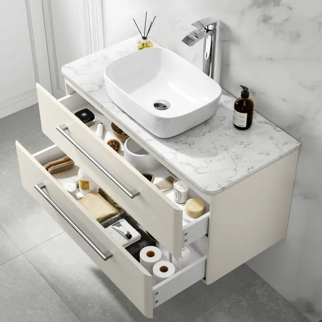 Omaha Linen White Wall Hung Drawer Vanity with Marble Top & Curved Counter Top Basin 1000mm