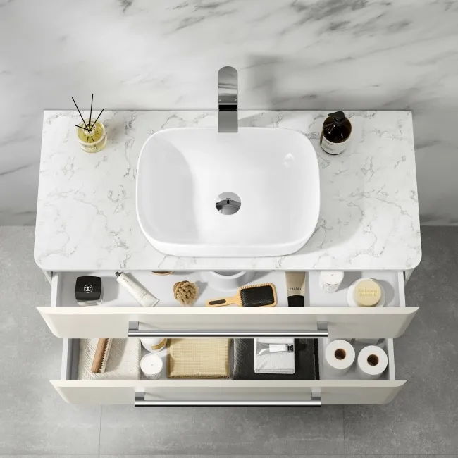 Omaha Linen White Wall Hung Drawer Vanity with Marble Top & Curved Counter Top Basin 1000mm