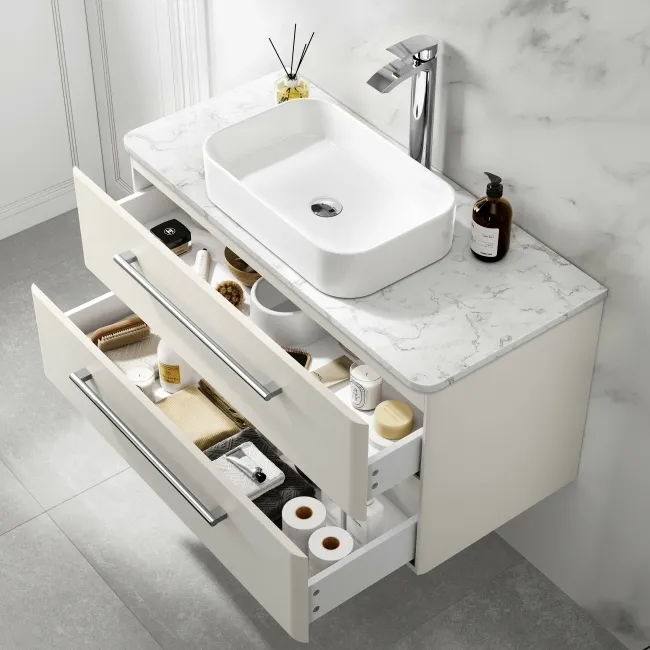 Omaha Linen White Wall Hung Drawer Vanity with Marble Top & Marin Basin 1000mm