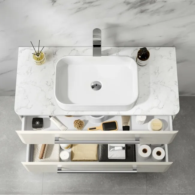 Omaha Linen White Wall Hung Drawer Vanity with Marble Top & Marin Basin 1000mm