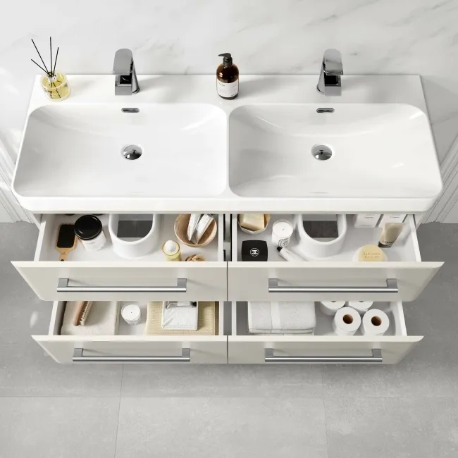Omaha Linen White Wall Hung Double Basin Drawer Vanity 1200mm