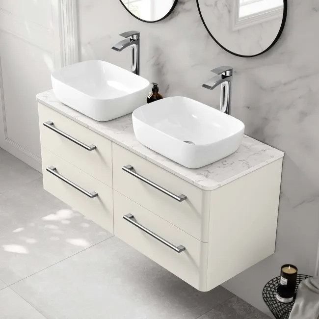 Omaha Linen White Wall Hung Drawer Vanity with Marble Top & Curved Counter Top Basin 1200mm