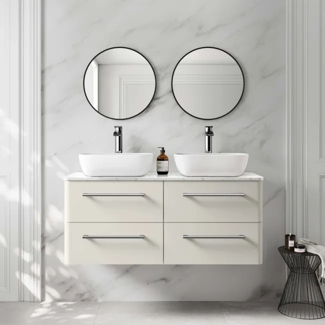 Omaha Linen White Wall Hung Drawer Vanity with Marble Top & Curved Counter Top Basin 1200mm
