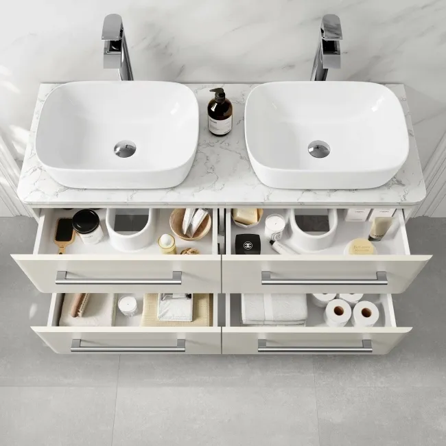 Omaha Linen White Wall Hung Drawer Vanity with Marble Top & Curved Counter Top Basin 1200mm