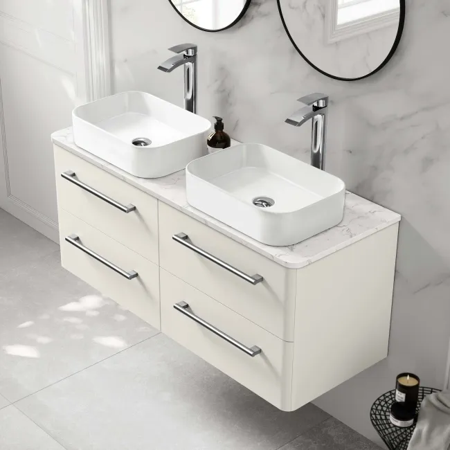 Omaha Linen White Wall Hung Drawer Vanity with Marble Top & Marin Basin 1200mm