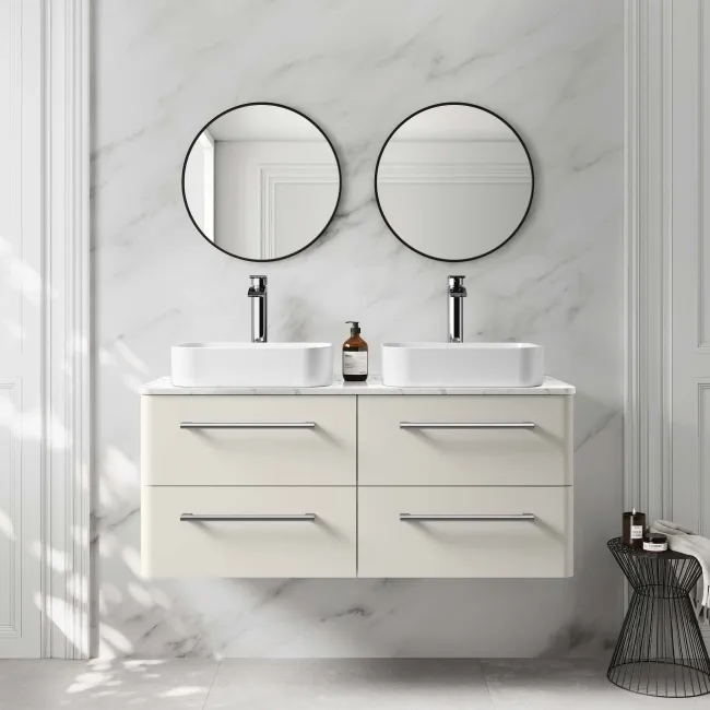 Omaha Linen White Wall Hung Drawer Vanity with Marble Top & Marin Basin 1200mm