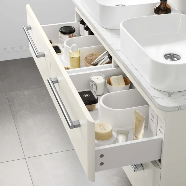 Omaha Linen White Wall Hung Drawer Vanity with Marble Top & Marin Basin 1200mm