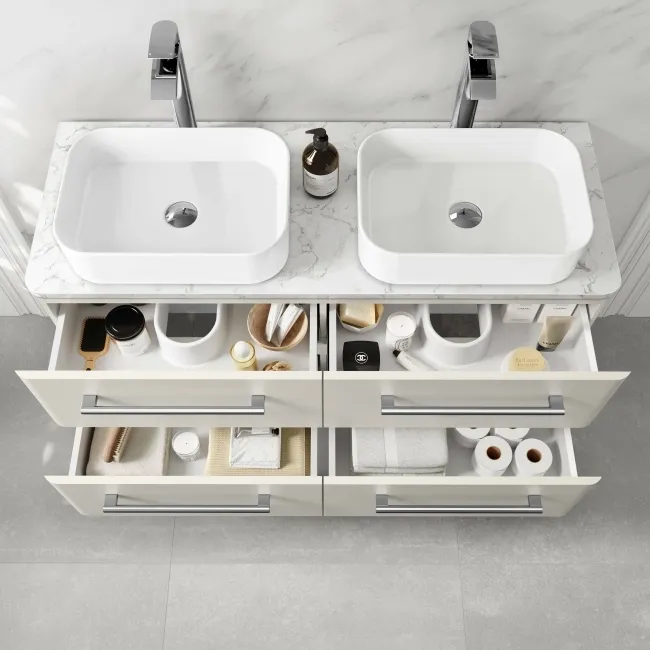 Omaha Linen White Wall Hung Drawer Vanity with Marble Top & Marin Basin 1200mm