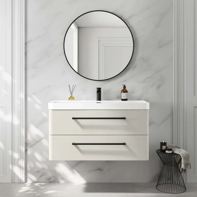 Omaha Linen White Wall Hung Basin Drawer Vanity 1000mm - Black Accents