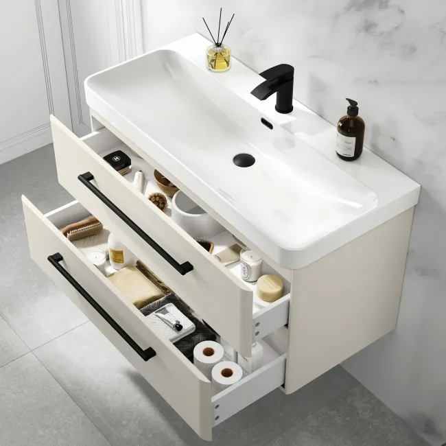 Omaha Linen White Wall Hung Basin Drawer Vanity 1000mm - Black Accents