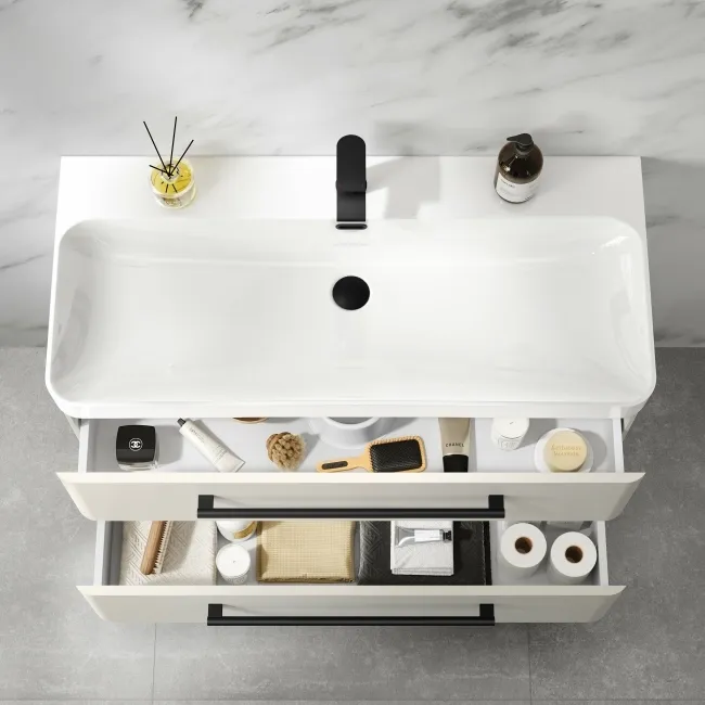 Omaha Linen White Wall Hung Basin Drawer Vanity 1000mm - Black Accents