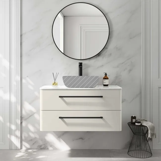 Omaha Linen White Wall Hung Drawer Vanity with Marble Top 1000mm (Excludes Counter Top Basin) - Black Accents