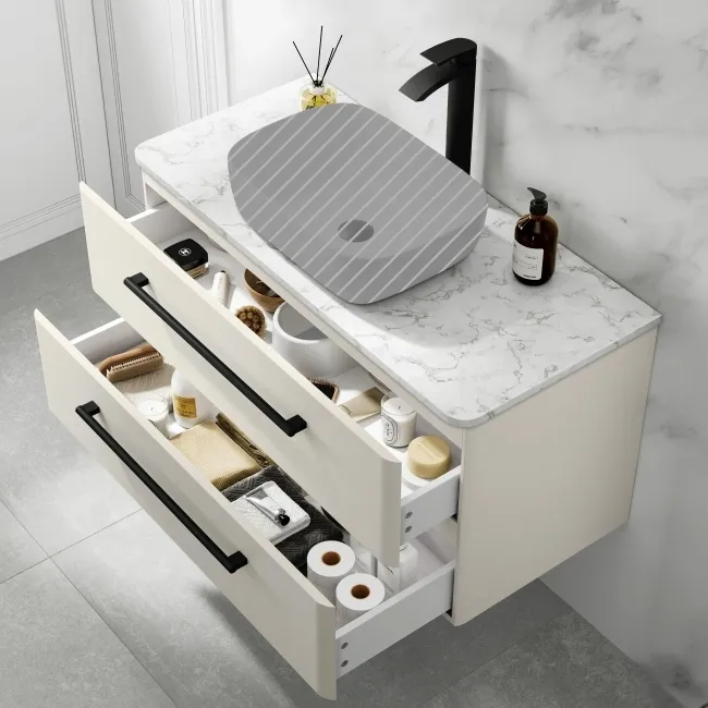Omaha Linen White Wall Hung Drawer Vanity with Marble Top 1000mm (Excludes Counter Top Basin) - Black Accents