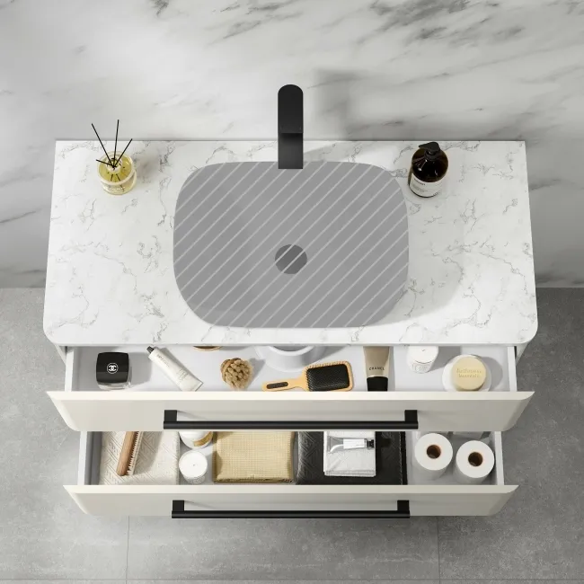 Omaha Linen White Wall Hung Drawer Vanity with Marble Top 1000mm (Excludes Counter Top Basin) - Black Accents
