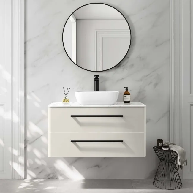 Omaha Linen White Wall Hung Drawer Vanity with Marble Top & Curved Counter Top Basin 1000mm - Black Accents