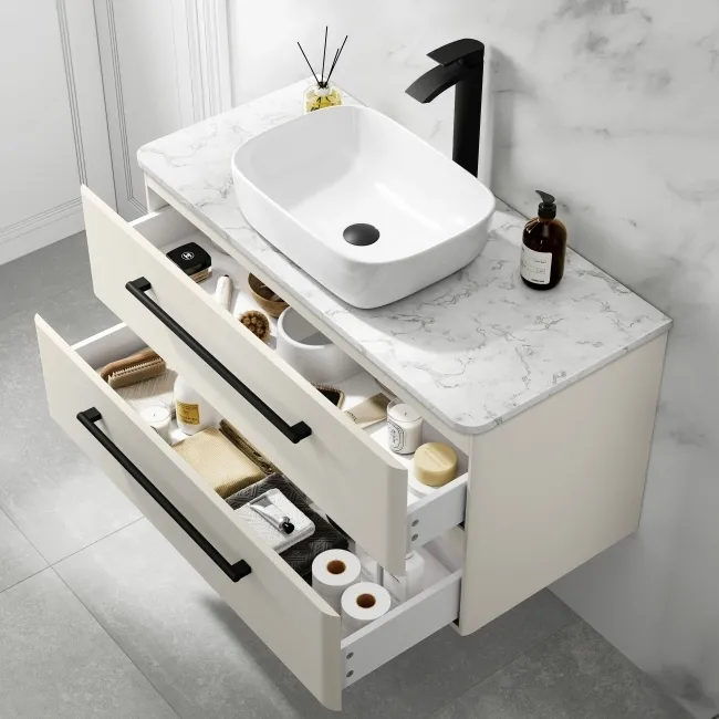 Omaha Linen White Wall Hung Drawer Vanity with Marble Top & Curved Counter Top Basin 1000mm - Black Accents