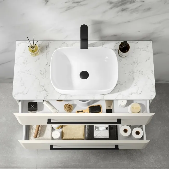 Omaha Linen White Wall Hung Drawer Vanity with Marble Top & Curved Counter Top Basin 1000mm - Black Accents