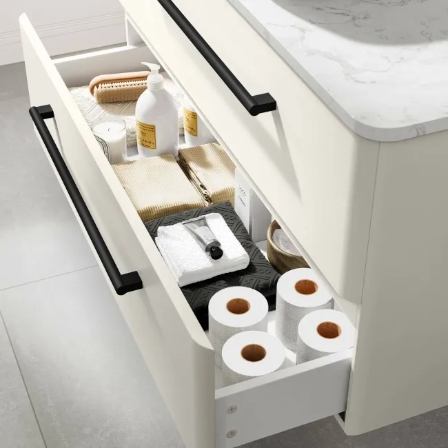Omaha Linen White Wall Hung Drawer Vanity with Marble Top & Curved Counter Top Basin 1000mm - Black Accents