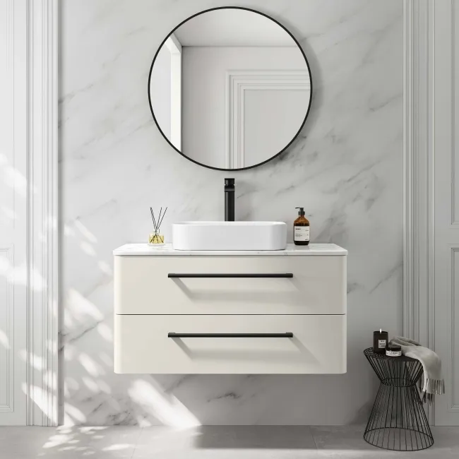 Omaha Linen White Wall Hung Drawer Vanity with Marble Top & Marin Basin 1000mm - Black Accents