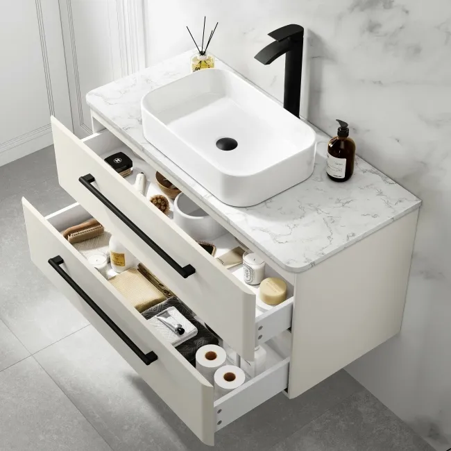 Omaha Linen White Wall Hung Drawer Vanity with Marble Top & Marin Basin 1000mm - Black Accents