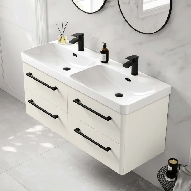 Omaha Linen White Wall Hung Double Basin Drawer Vanity 1200mm - Black Accents