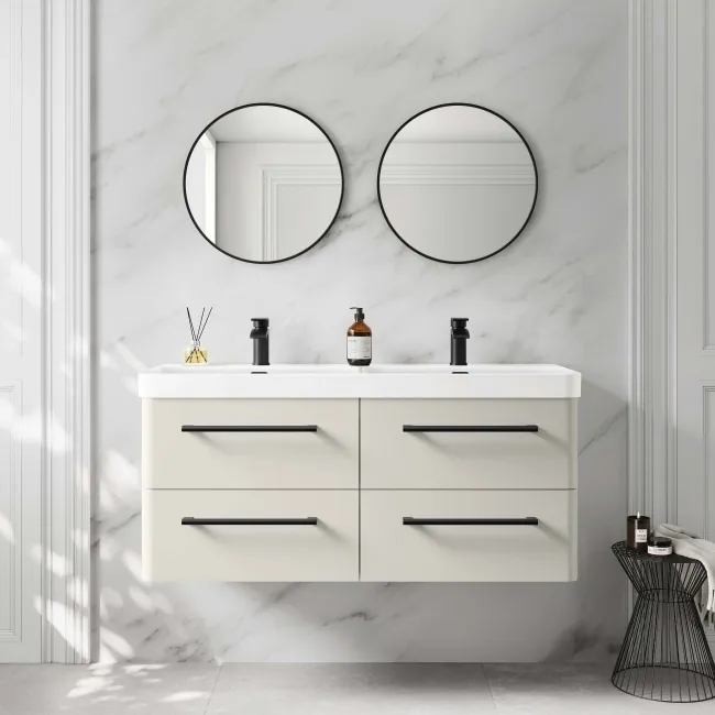 Omaha Linen White Wall Hung Double Basin Drawer Vanity 1200mm - Black Accents