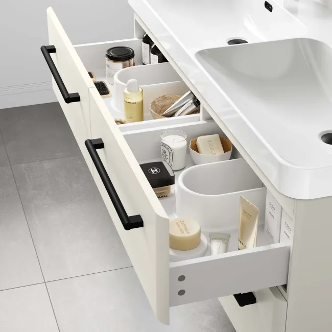 Omaha Linen White Wall Hung Double Basin Drawer Vanity 1200mm - Black Accents