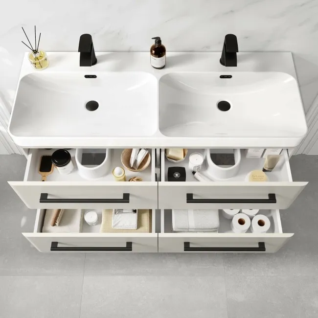 Omaha Linen White Wall Hung Double Basin Drawer Vanity 1200mm - Black Accents