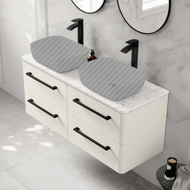 Omaha Linen White Wall Hung Drawer Vanity with Marble Top 1200mm (Excludes Counter Top Basin) - Black Accents