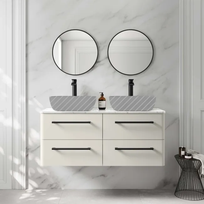 Omaha Linen White Wall Hung Drawer Vanity with Marble Top 1200mm (Excludes Counter Top Basin) - Black Accents