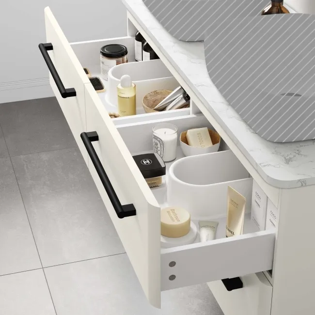 Omaha Linen White Wall Hung Drawer Vanity with Marble Top 1200mm (Excludes Counter Top Basin) - Black Accents