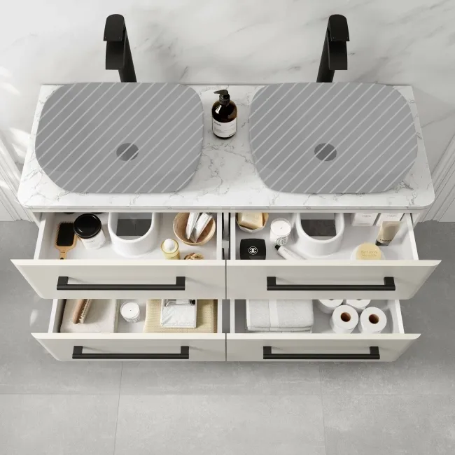 Omaha Linen White Wall Hung Drawer Vanity with Marble Top 1200mm (Excludes Counter Top Basin) - Black Accents