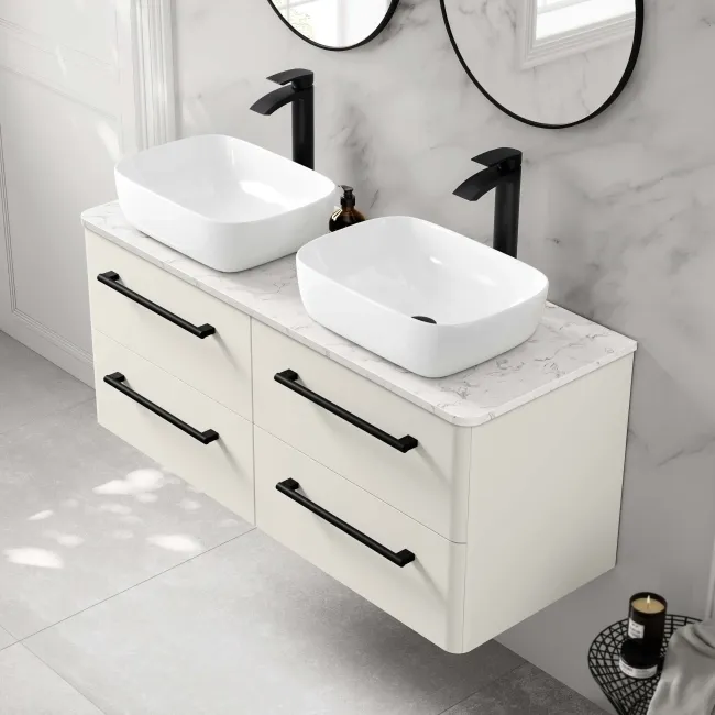 Omaha Linen White Wall Hung Drawer Vanity with Marble Top & Curved Counter Top Basin 1200mm - Black Accents