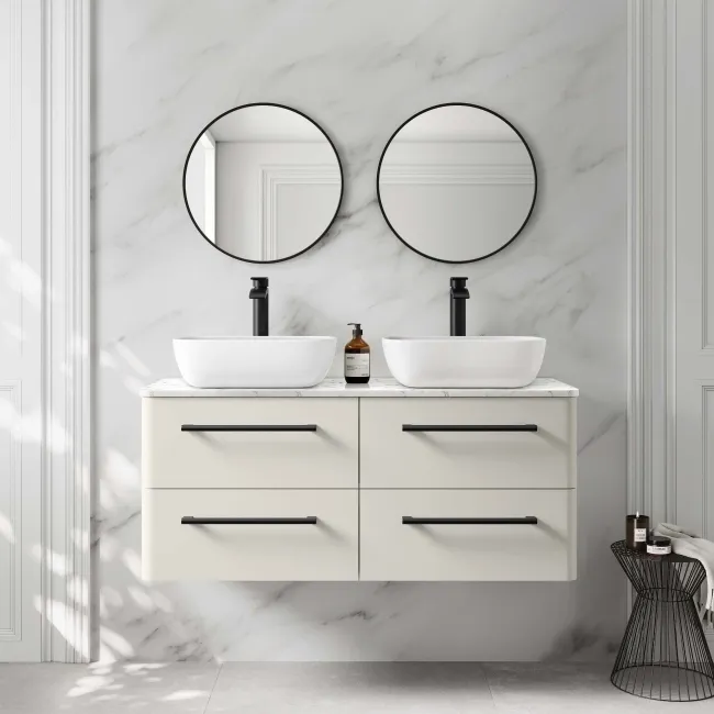 Omaha Linen White Wall Hung Drawer Vanity with Marble Top & Curved Counter Top Basin 1200mm - Black Accents
