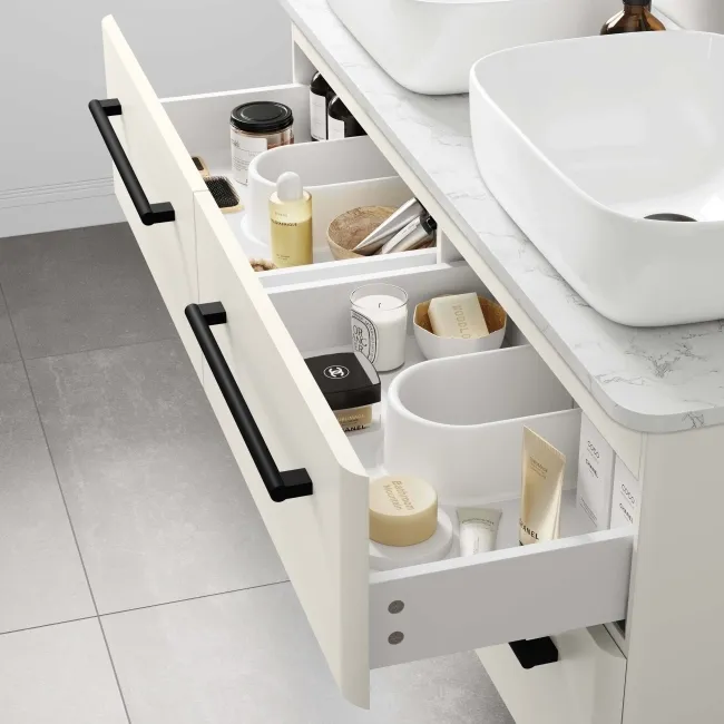 Omaha Linen White Wall Hung Drawer Vanity with Marble Top & Curved Counter Top Basin 1200mm - Black Accents