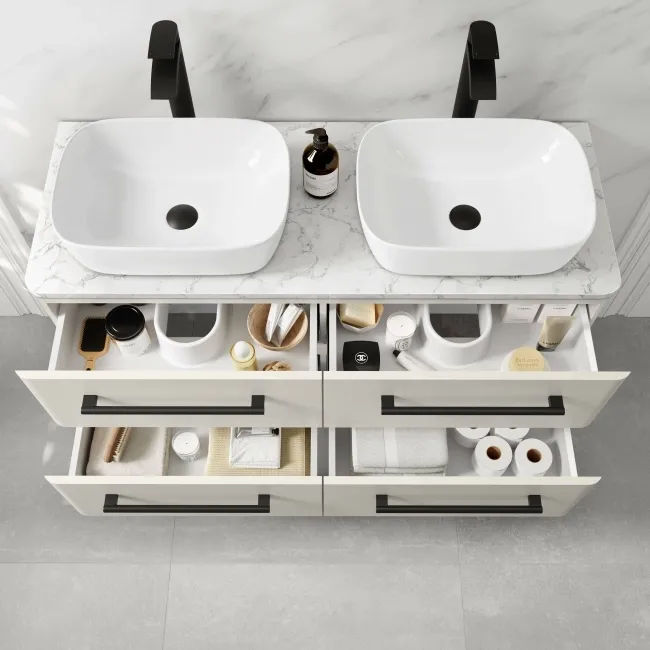Omaha Linen White Wall Hung Drawer Vanity with Marble Top & Curved Counter Top Basin 1200mm - Black Accents