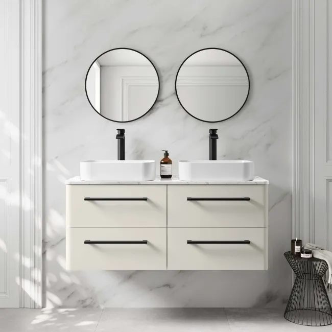 Omaha Linen White Wall Hung Drawer Vanity with Marble Top & Marin Basin 1200mm - Black Accents