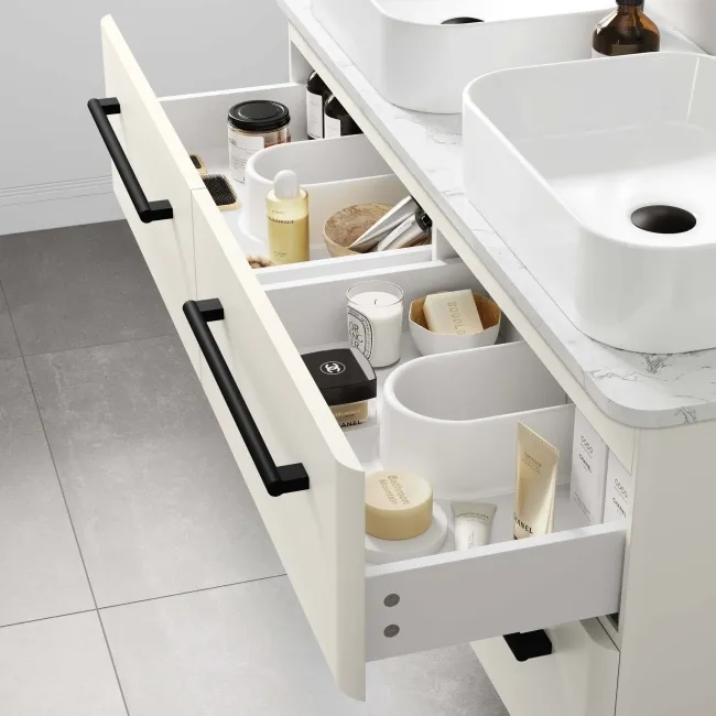 Omaha Linen White Wall Hung Drawer Vanity with Marble Top & Marin Basin 1200mm - Black Accents