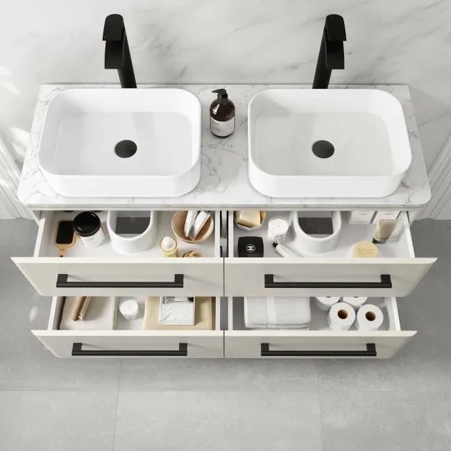 Omaha Linen White Wall Hung Drawer Vanity with Marble Top & Marin Basin 1200mm - Black Accents