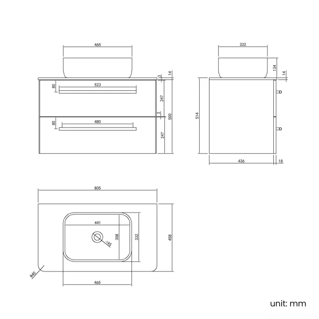 Omaha Linen White Wall Hung Drawer Vanity with Marble Top & Curved Counter Top Basin 800mm - Brushed Brass Accents