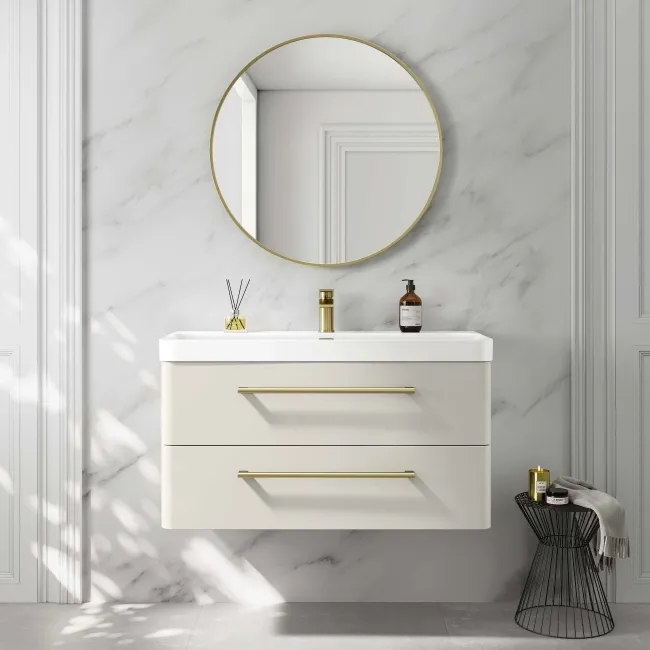 Omaha Linen White Wall Hung Basin Drawer Vanity 1000mm - Brushed Brass Accents