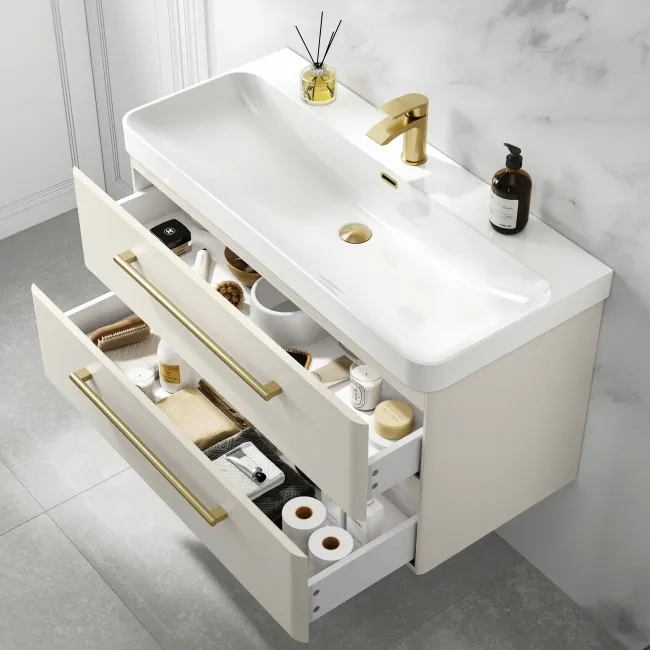 Omaha Linen White Wall Hung Basin Drawer Vanity 1000mm - Brushed Brass Accents